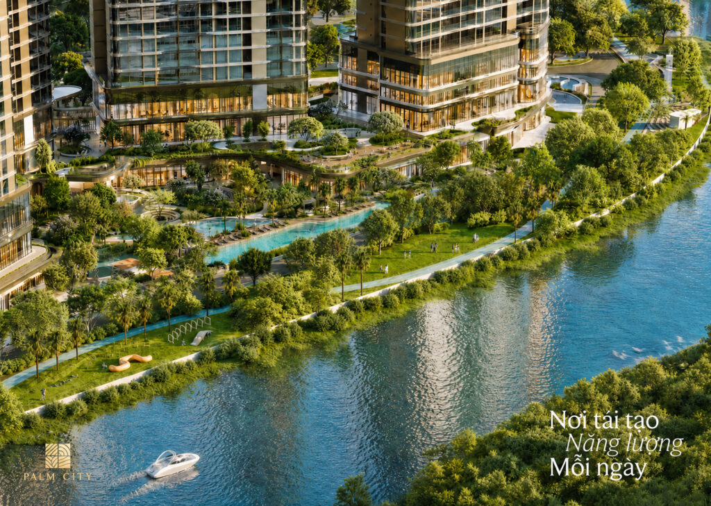 Chuỗi hồ bơi tràn bờ Palm City dài 70m kết hợp công viên cây xanh sinh thái.