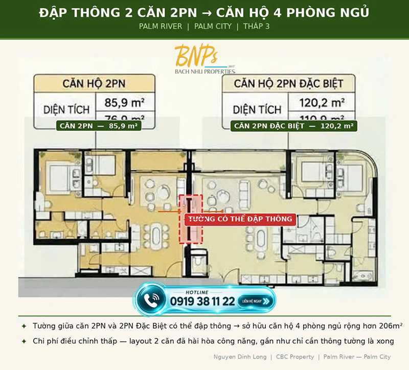 đập thông 2 căn 2pn thành 4pn -tháp 3 Palm River - Bách Như Properties - BNPs