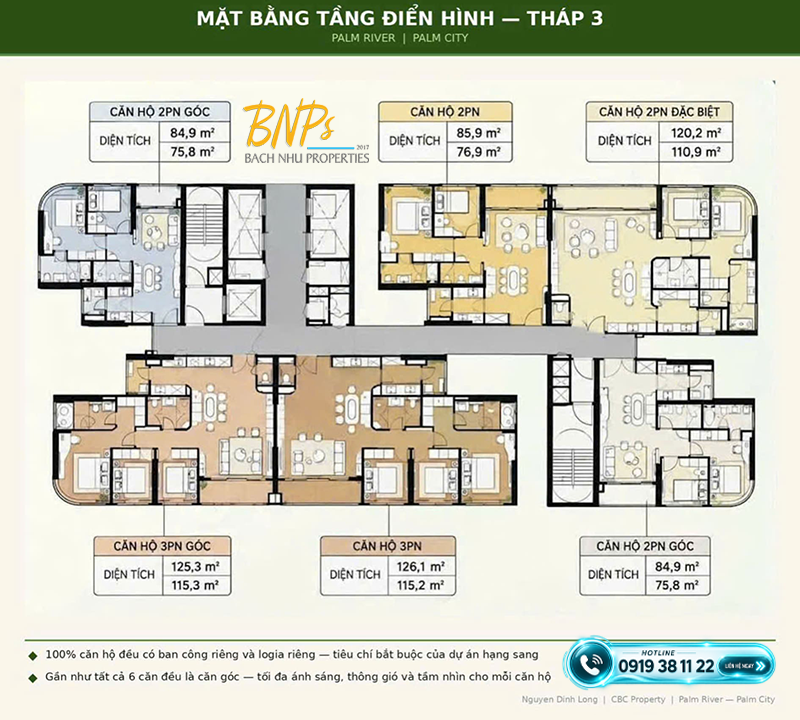 Diện Tích Căn Hộ Palm River - Mặt bằng Tháp 3 - Bách Như Properties - BNP's