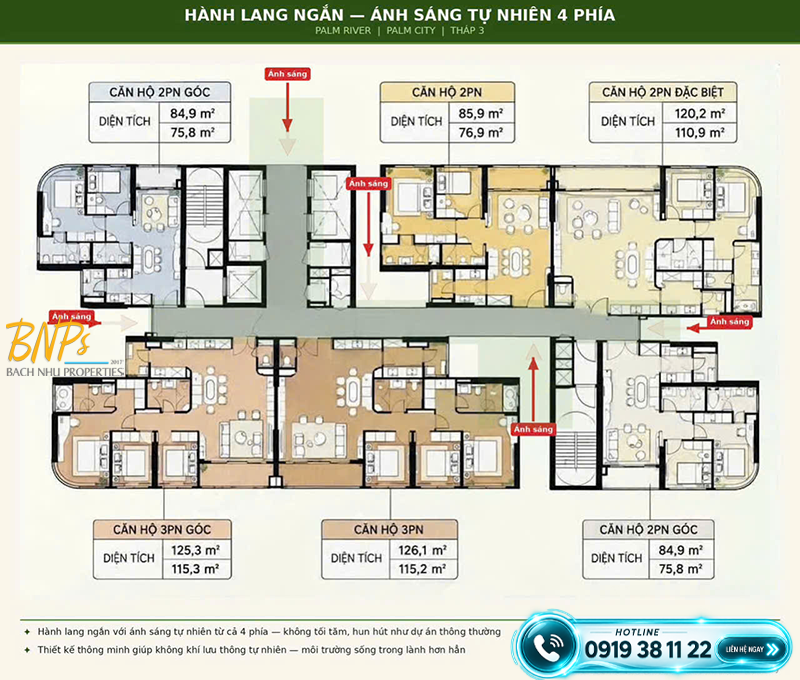 Hàng lang ngắn - ánh sáng tự nhiên 4 phía -tháp 3 Palm River - Bách Như Properties - BNPs
