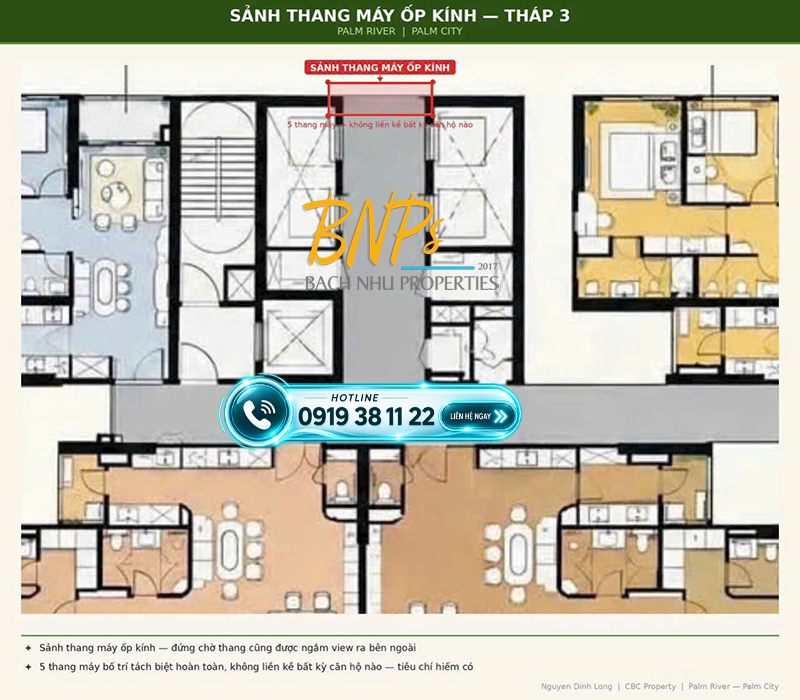 sảnh thang máy ốp kính tháp 3 Palm River - Bách Như Properties - BNPs