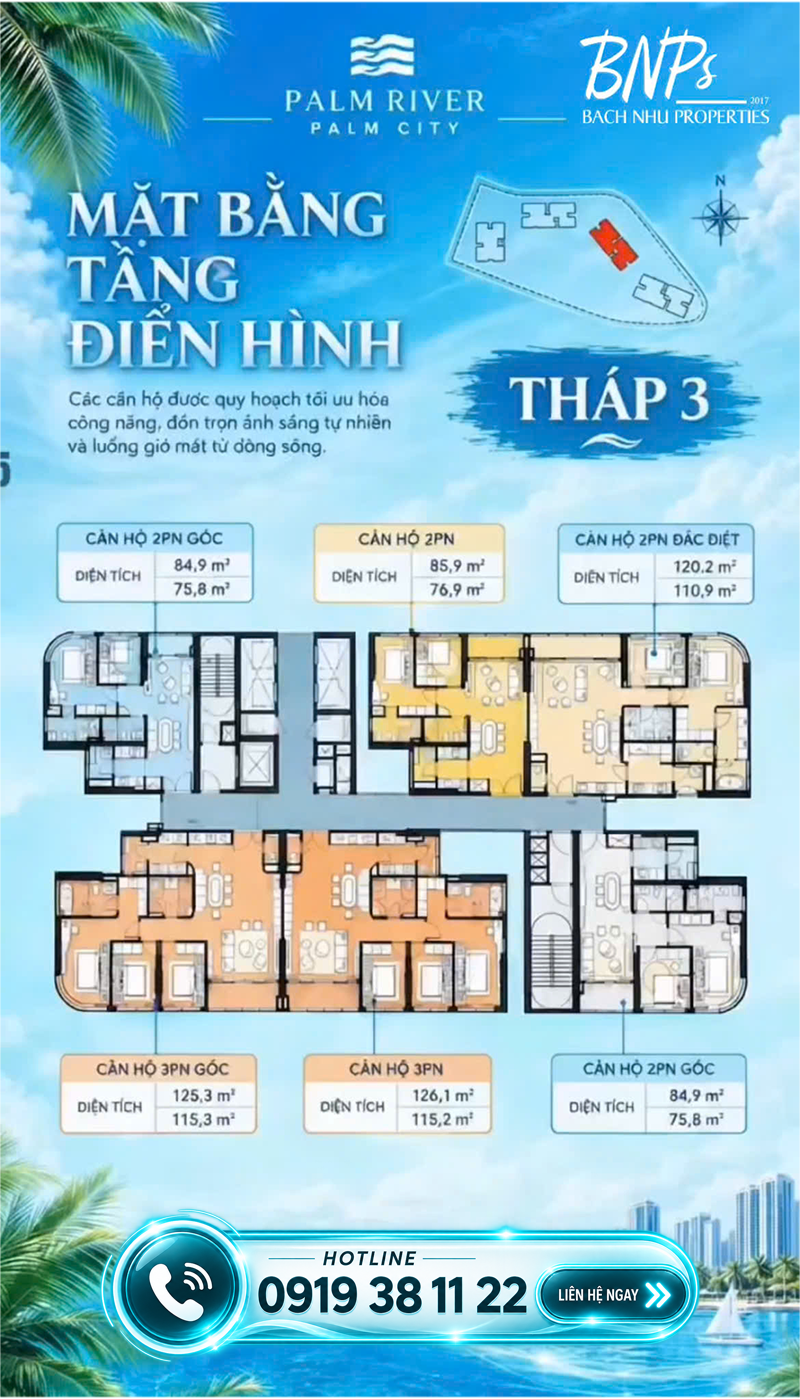 Layout Căn Hộ Palm River: Tối Ưu Không Gian Sống Từ 2PN Đến 3PN - Bách Như Properties - BNP's
