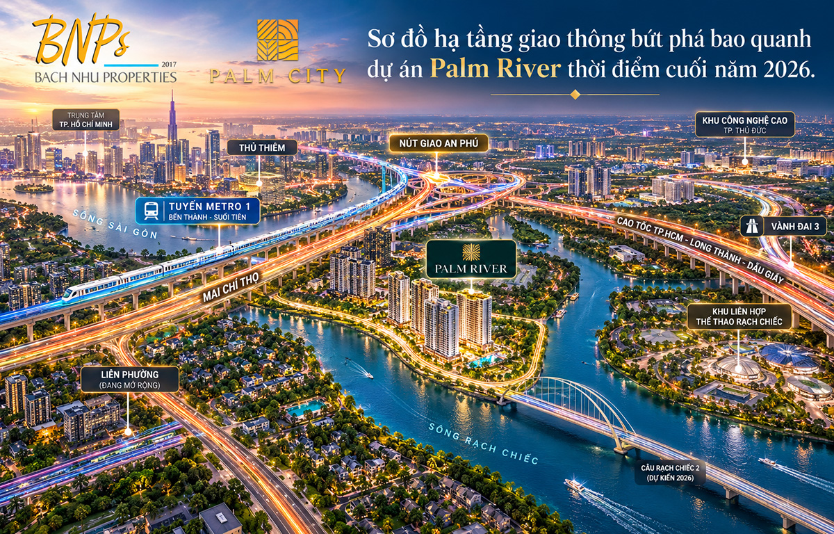 Sơ đồ hạ tầng giao thông bứt phá bao quanh dự án Palm River thời điểm cuối năm 2026